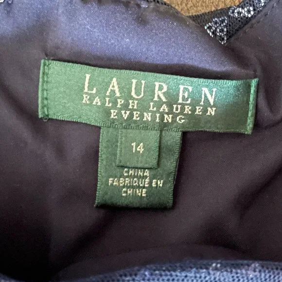 Lauren Ralph Lauren Evening Mesh Overlay Sequin Dress Lighthouse Navy Size 14 - Picture 4 of 4
